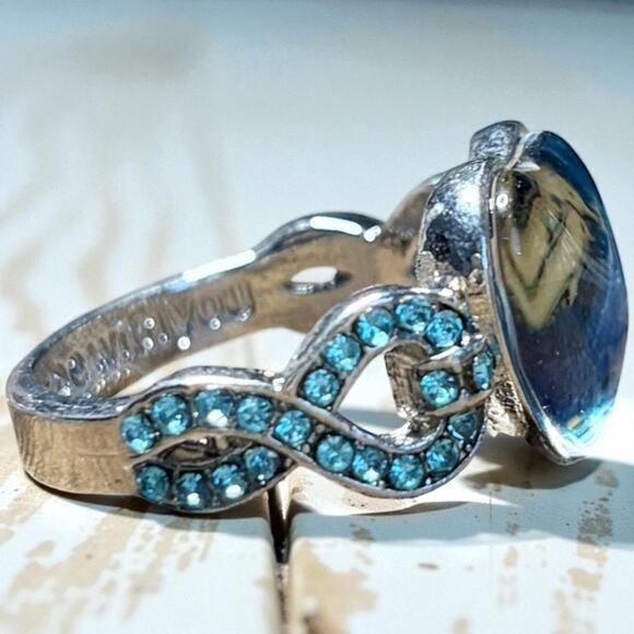 Silver Dolphin Ring With Blue Crystals & Hidden Message New - Picture 3 of 8